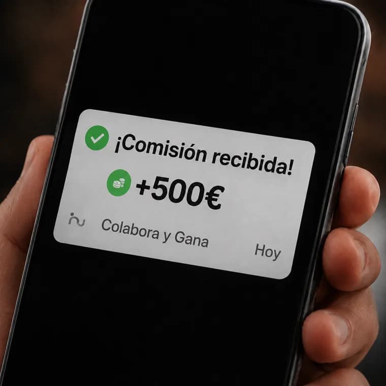 Notificación en el móvil: ¡Comisión recibida! +500€ de Colabora y Gana.